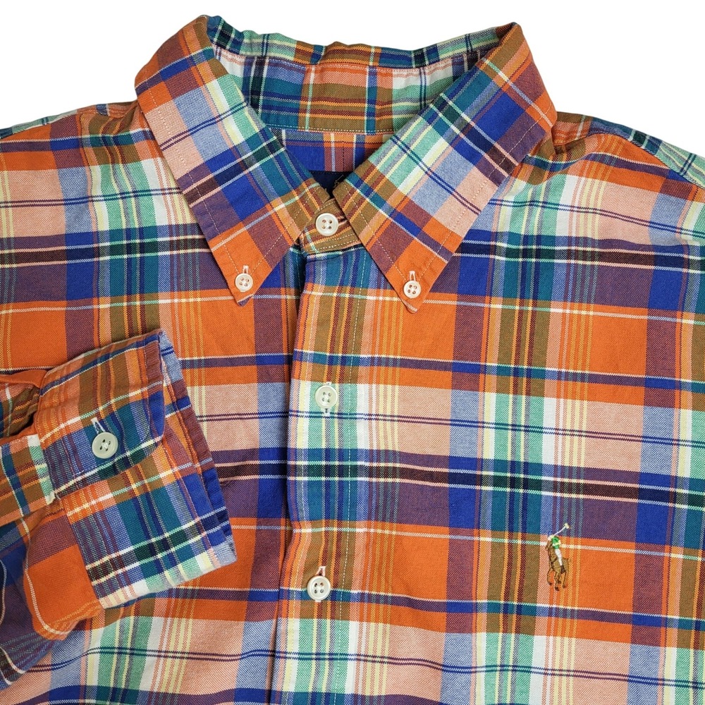 Ralph Lauren Mens XL Plaid Shirt Button Down Long Sleeve Orange‎ Blue Flesh Pony